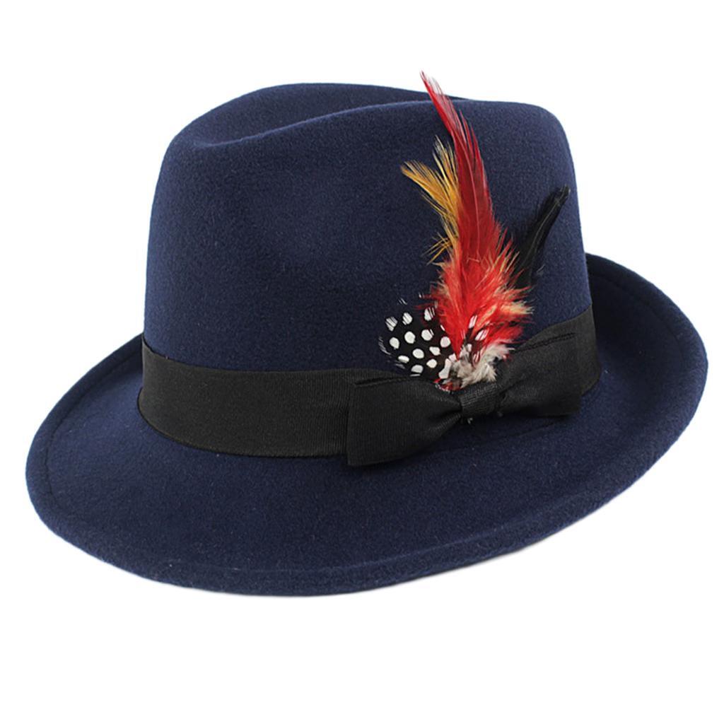 Navy Blue Mens Crushable Handmade Fedora Hat with Wool Felt Bowknot and 