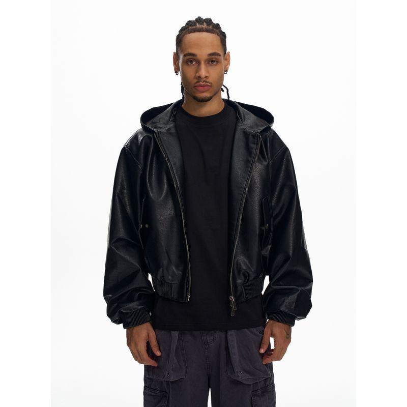 Kisko American-Style Heavyweight Bomber Silhouette Pu Leather Hooded Jacket for Men and Women, High-End Cool Biker Style Coat