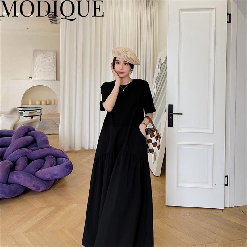 MODIQUE Summer Plus Size New Dress Shirt Women Loose Patchwork Cotton Linen Basics Folds A-Line Dress Solid Casual Female Dresses O-Neck