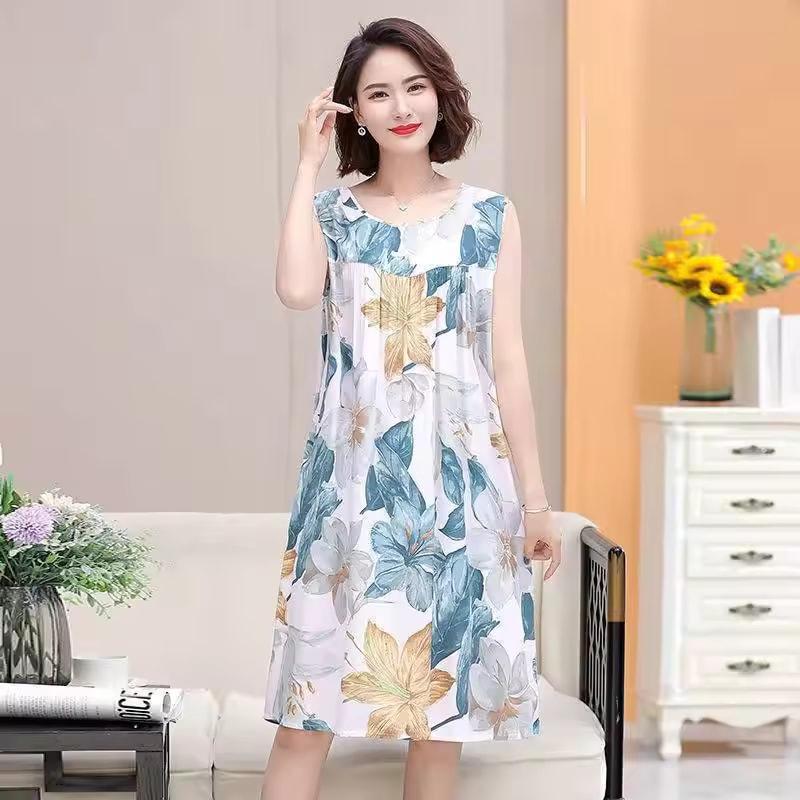 Summer Middle-Aged and Elderly Cotton Silk Nightgowns Pajamas Women's Dresses Large Size Mother's Casual Nightgowns Homewear