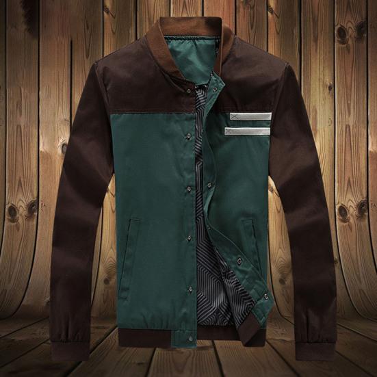 Autumn Men Jacket Color Block Stand Collar Single Breasted Slim Fit Ribbed Cuff Coat Streetwear