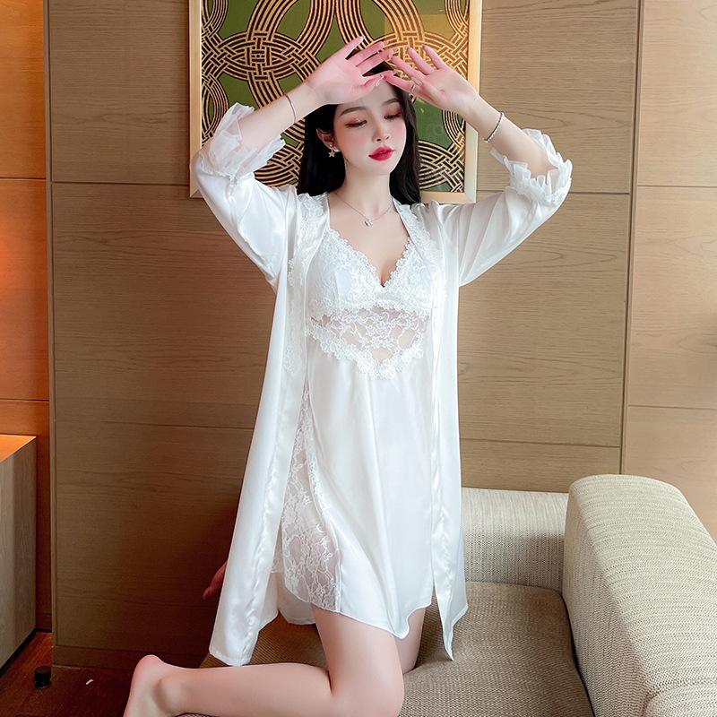 New women's sexy suspender two-piece set women's summer fashion thin ice silk suspender skirt lace edge pajamas