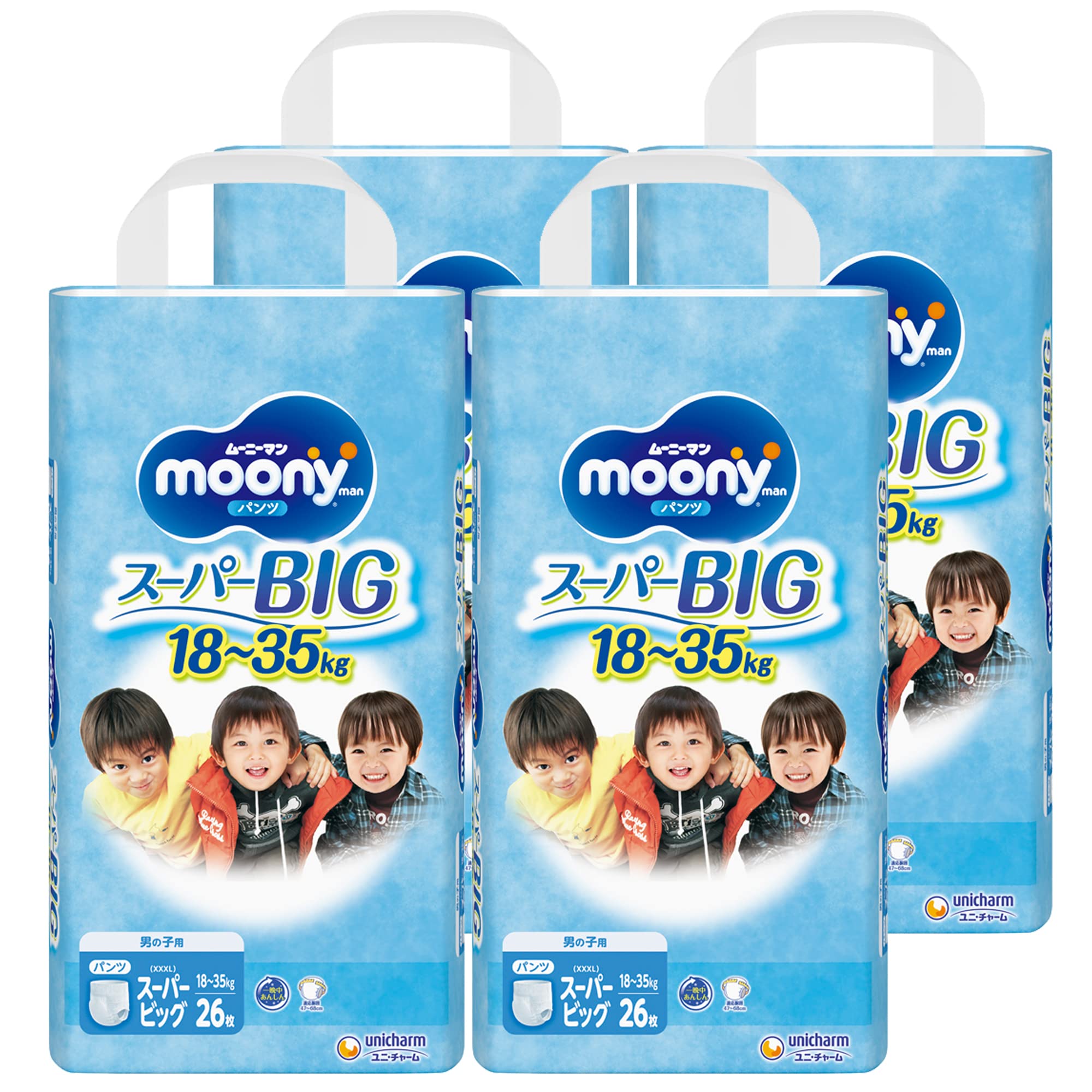 

Подгузники Super Big Moonyman 104 штуки x [Размер штанов] для мальчиков (18-35 кг) (26 4) [Элемент дела] белый