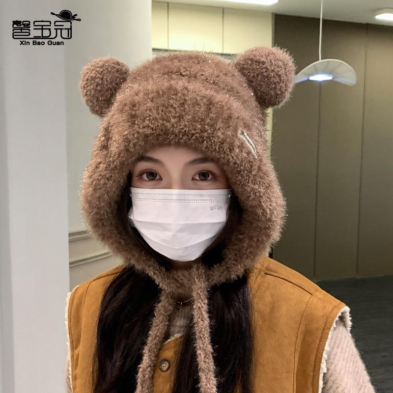Winter cute bear plush hat women's windproof ear protection knitted wool hat to keep warm and cold and show a small face
