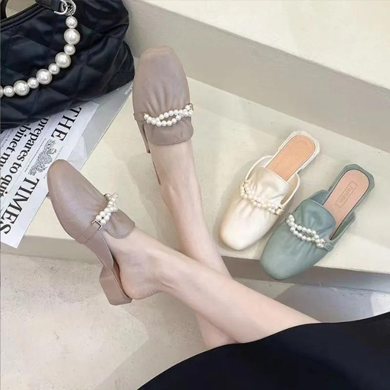 Women Slip On Mules Low Heel Backless Square Toe Half Slippers Pearl Chain Decoration Casual Outdoor Shoes