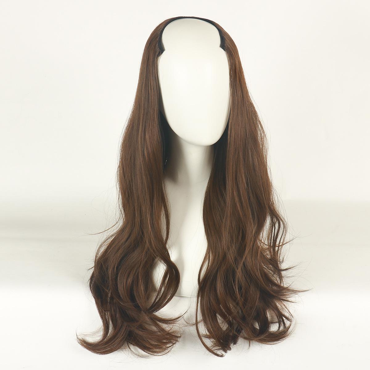 

Цельный парик для наращивания волос U-образной формы с полукапотом, женские длинные вьющиеся волосы U-образной формы, большие волны, завивка кукурузы brown