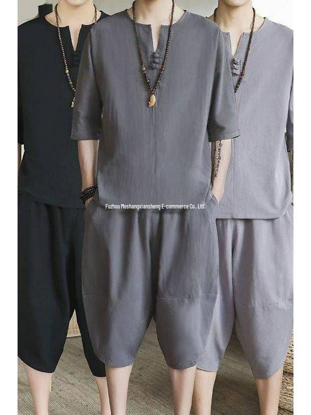 Men's Summer Chinese-Style Cotton Linen T-Shirt and Cropped Pants Suit