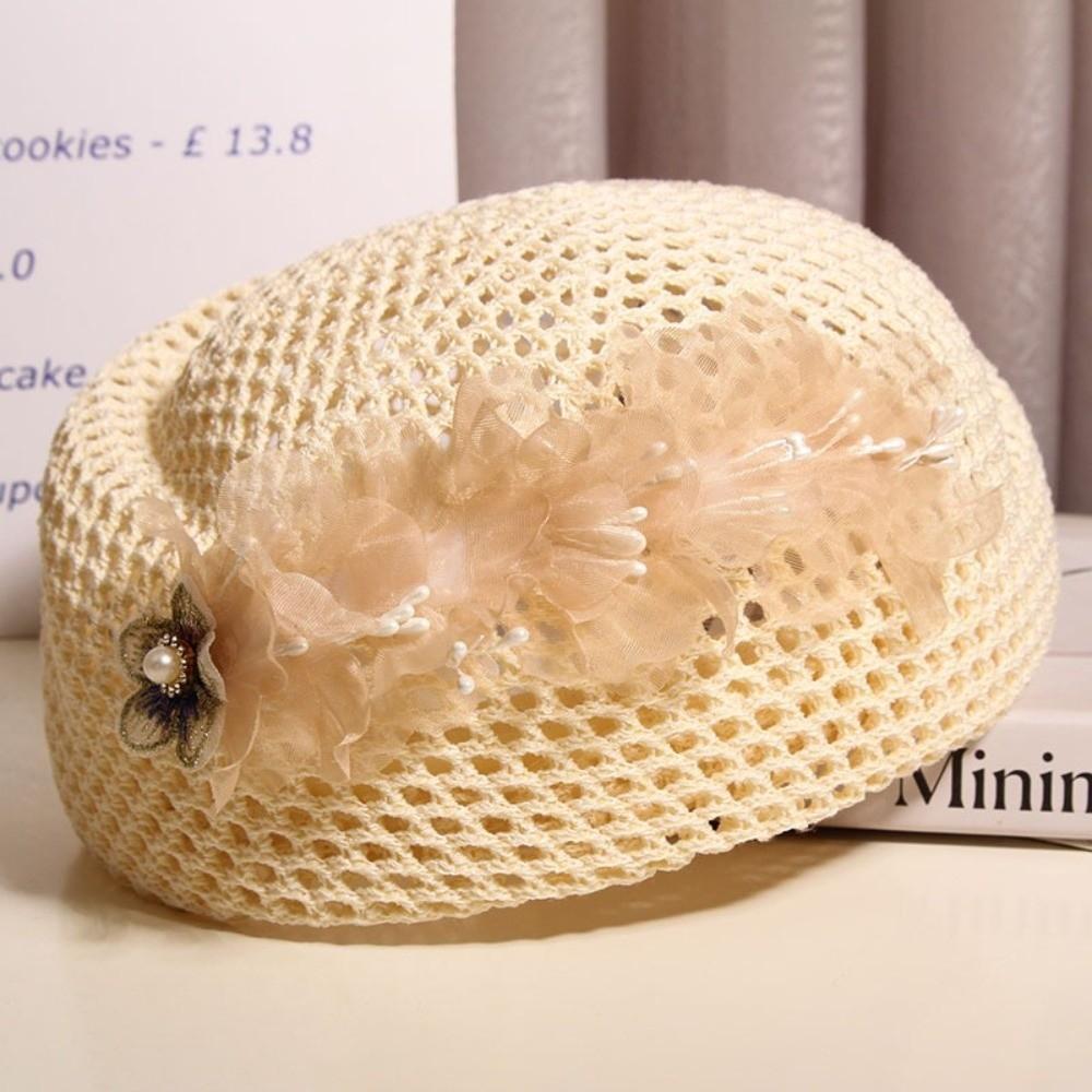 Korean Floral Painter hat French Women Knit Fabric Cap Versatile Hollow Out Beret Spring