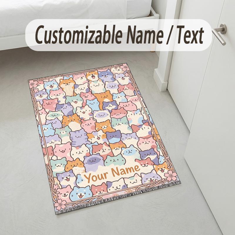 Colorful Cat Theme Soft Crystal Velvet Rug Custom Name & Text Print Non Slip Floor Rug for Bedroom Living Room