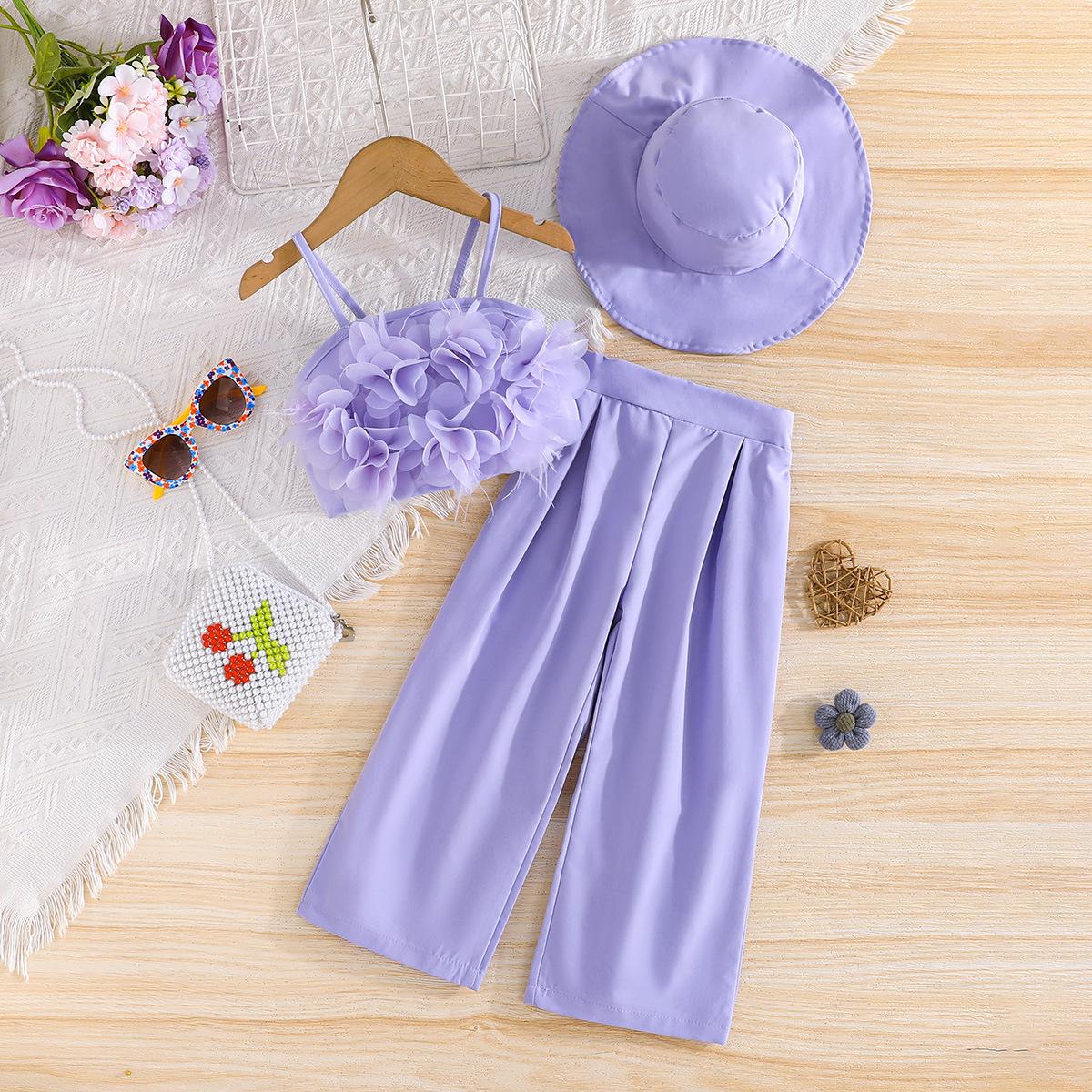 

2025 Girls Suspender Flower Top + Pants Set + Hat 3-Piece Suit Elegant Toddler Children Clothes 8Y