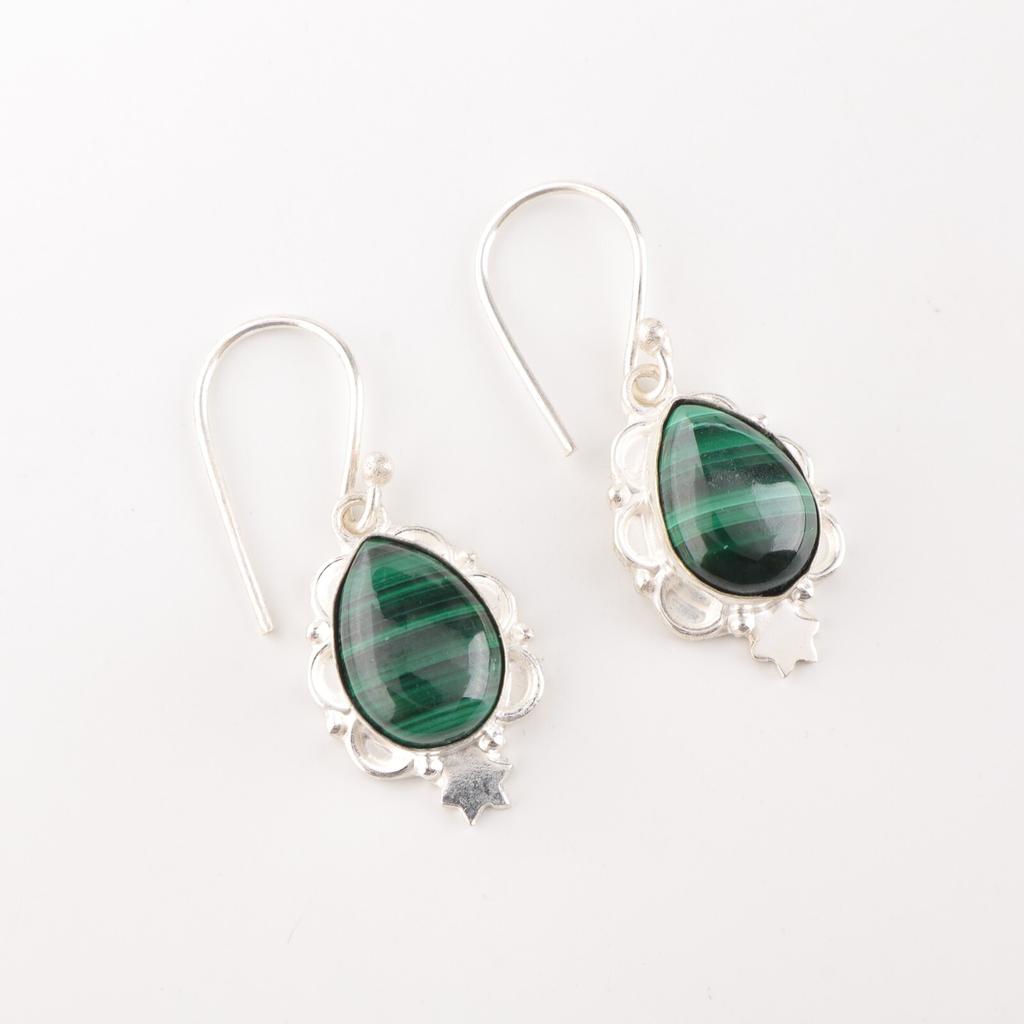 Malachite Gemstone 925 Fine Silver Jewelry Handmade Women Earrings 1.6" For Gift EE-163-28
