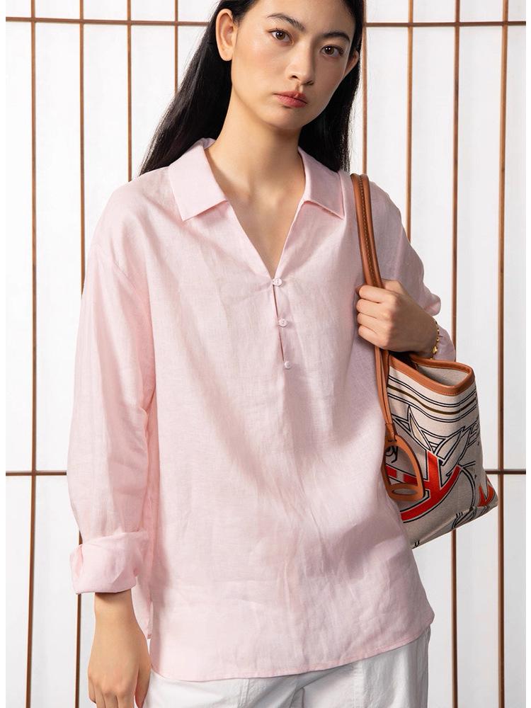 Si Yuan Design V-Neck Button-Down Linen Shirt - Women's Loose Relaxed Fit, New Style 2026.