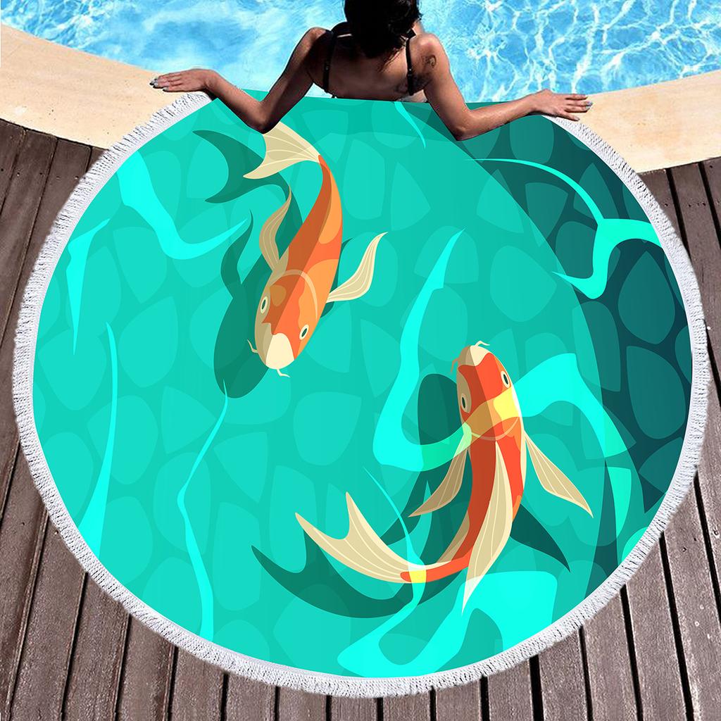 Koi Fish Round Beach Towel Soft Sand Free Quick Dry Circle Bath Towel Absorbent Meditation Rug Yoga Mat Throw Fringe Tapestry