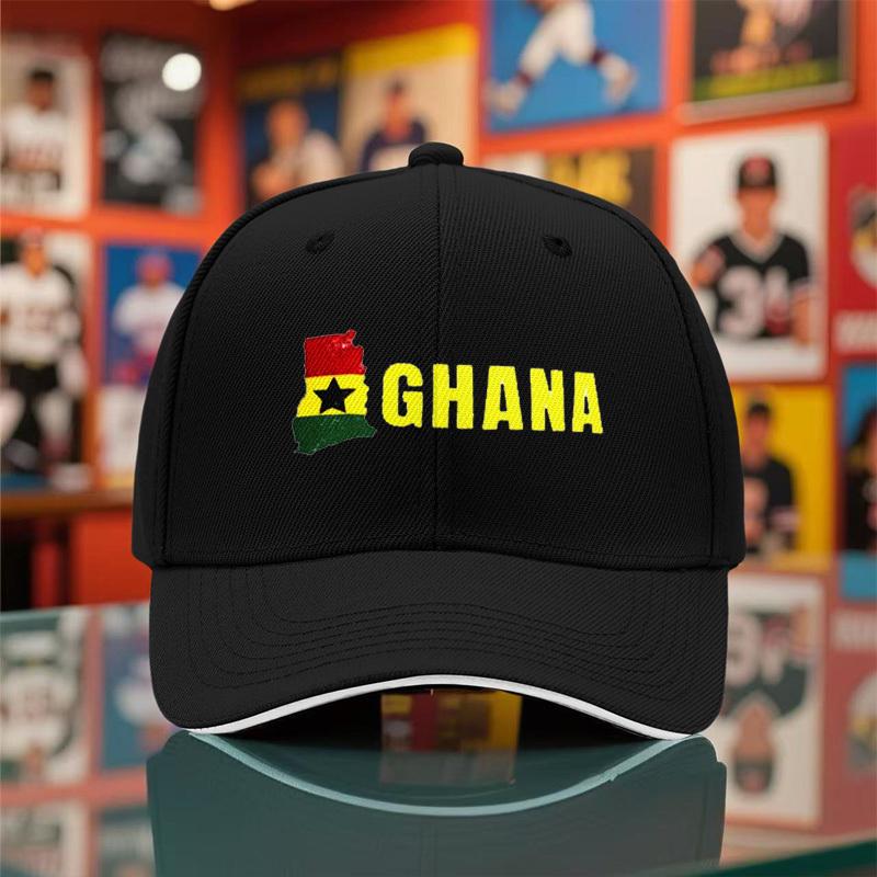 1Pc Unisex Baseball Cap, New Style Breathable Black Snapback Hat With Ghana Print For Outdoor Camping, Travel, Running, Yoga, An