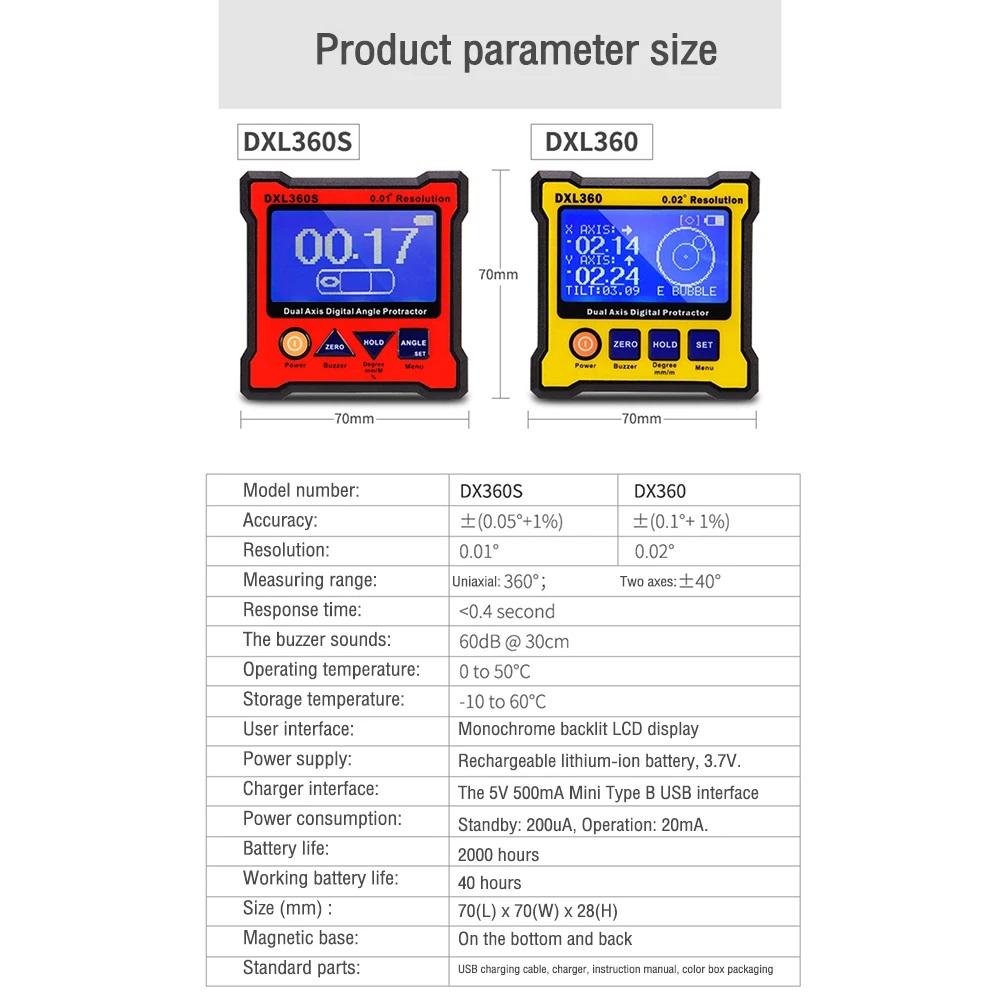 Digital Protractor Inclinometer DXL360S/DXL360 Angle Ruler Elevation Meter Dual Axis Level Measure Box for Precision Measurement