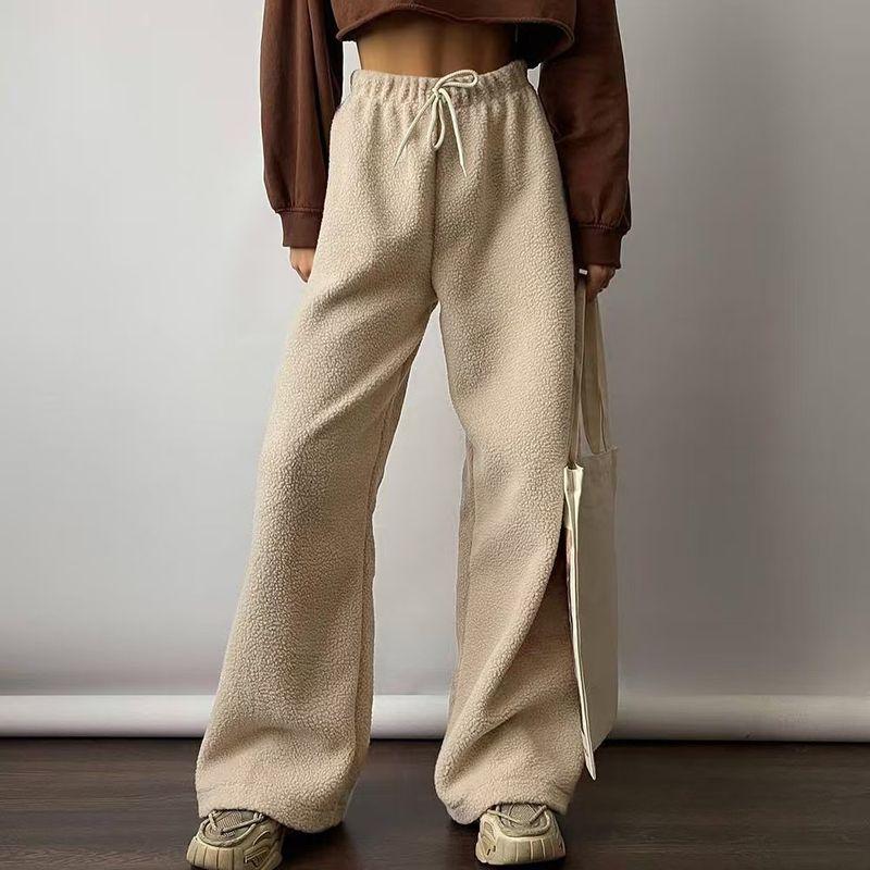 

Fashion Autumn and Winter Leisure Baggy Straight Trousers Lamb Fur Wide Leg Pants Loose Straight Leg Pants Beige White L