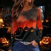 Women's Fashion Round Neck Long Sleeve Top with Hem Slit Halloween Print