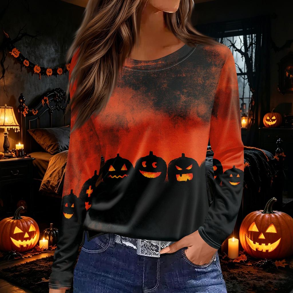 Women's Fashion Round Neck Long Sleeve Top with Hem Slit Halloween Print