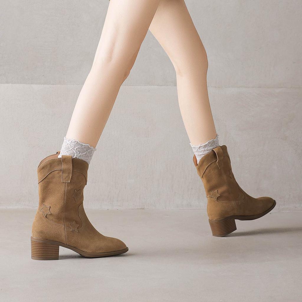 Krazing Pot Cow Suede Nubuck Winter Round Toe Modern Boots Med Heels Slip On Five-Star Decoration Women Mid-calf Boots