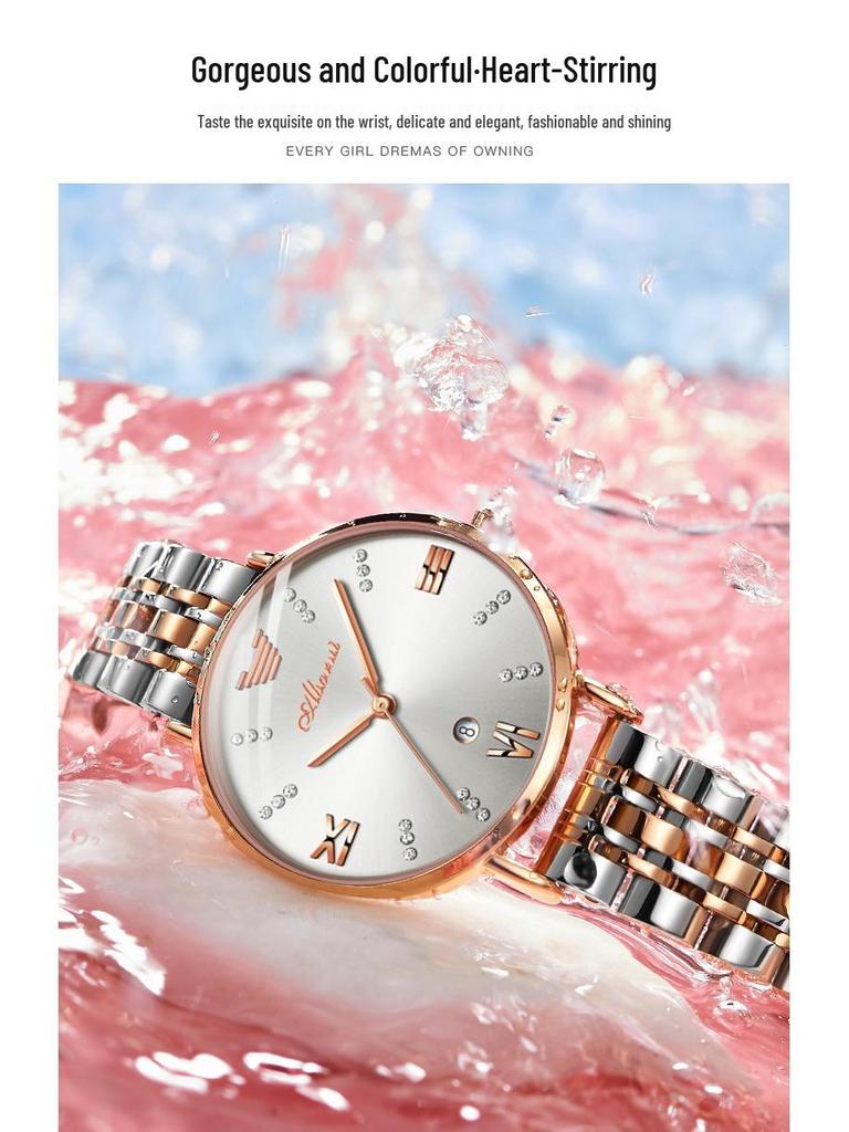 High-End Women's Quartz Watch with Genuine Diamond-Set Steel Band