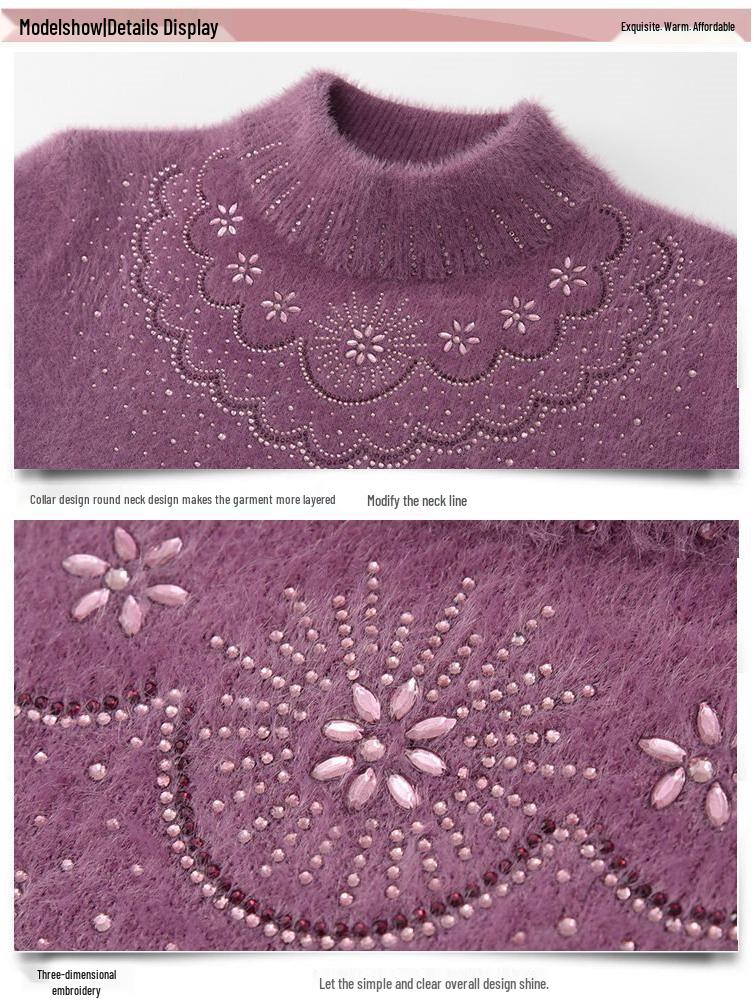 Fashionable Fleece-Lined Grandma's Knit Sweater: Half-High Collar, Imitation Mink Hair, Plus Size
