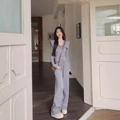 2024 Hong Kong Style Chic Damen Zweiteiler: Oberteil mit schmalem Revers und Hose mit weitem Bein