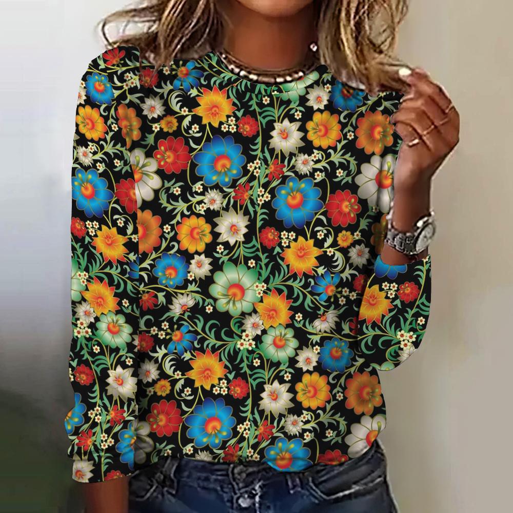 Retro flower 3D printed women's round neck long sleeved T-shirt
