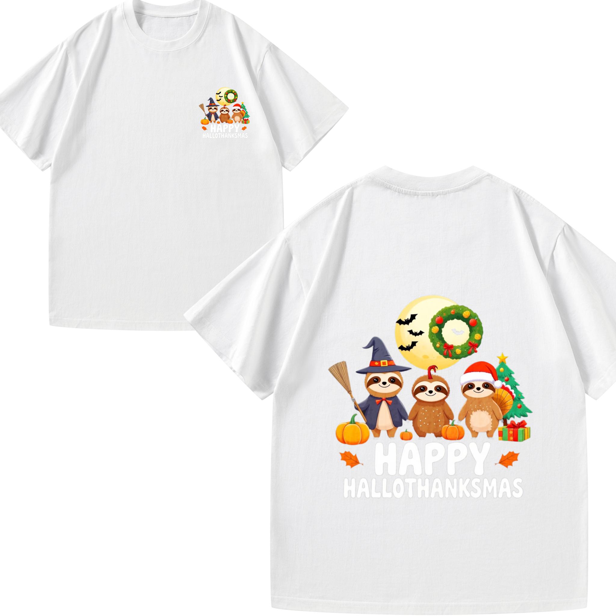Mens TShirt Black Happy Hallothanksmas Printed Sloths Halloween Scenarios Festival Casual Tee Shirts for Men Autumn Winter Top L