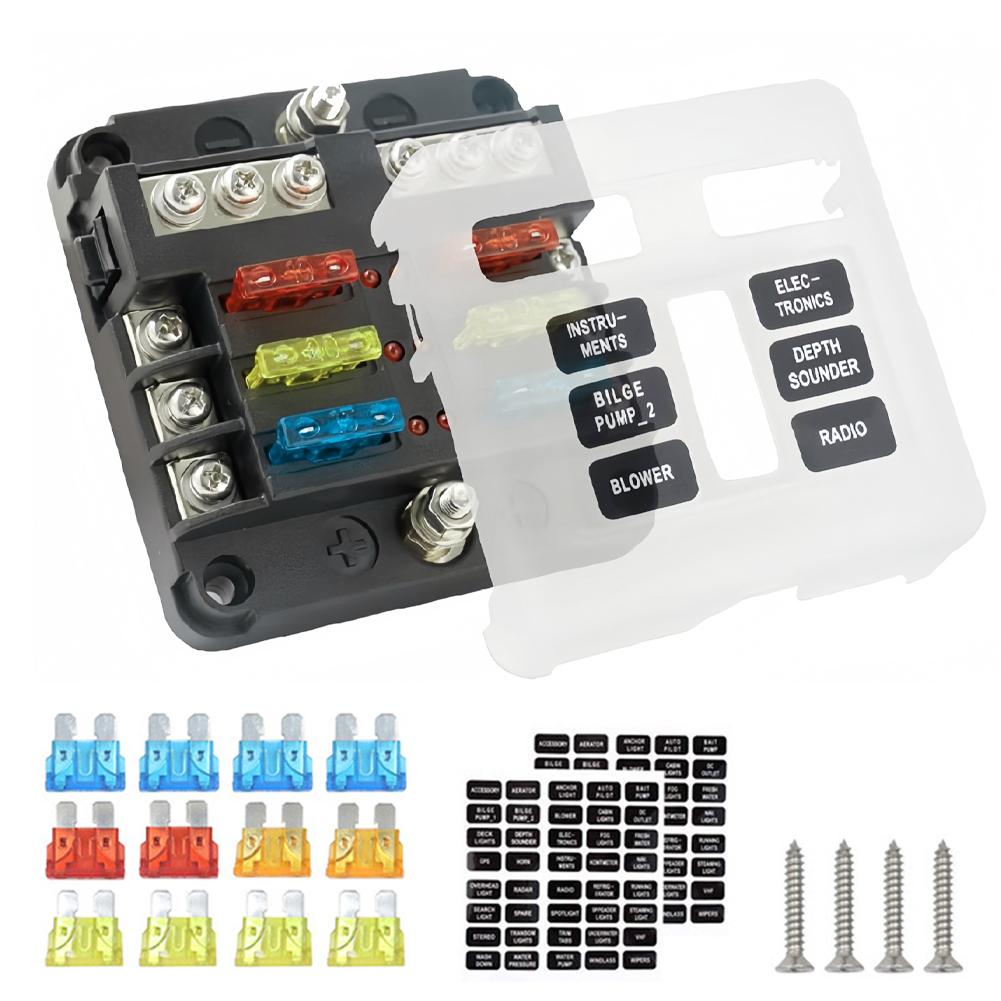 6 Ways Blade Car Fuse Box Holder Universal Marine Boat Fuse Holder Block Warning Indicator 12/36V Power Distribution Panel Board