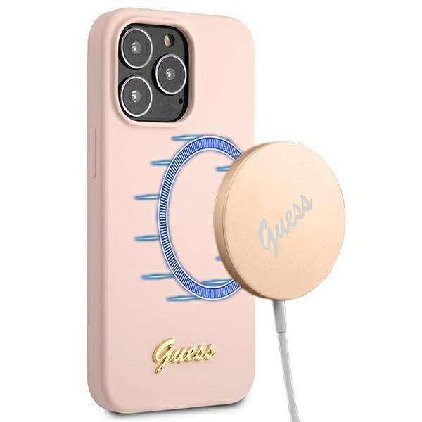 Guess Guhmp13Xlslmglp Iphone 13 Pro Max6,7 Jasnoróżowy/Light Pink Hardcase Silicone Script Gold Logo Magsafe
