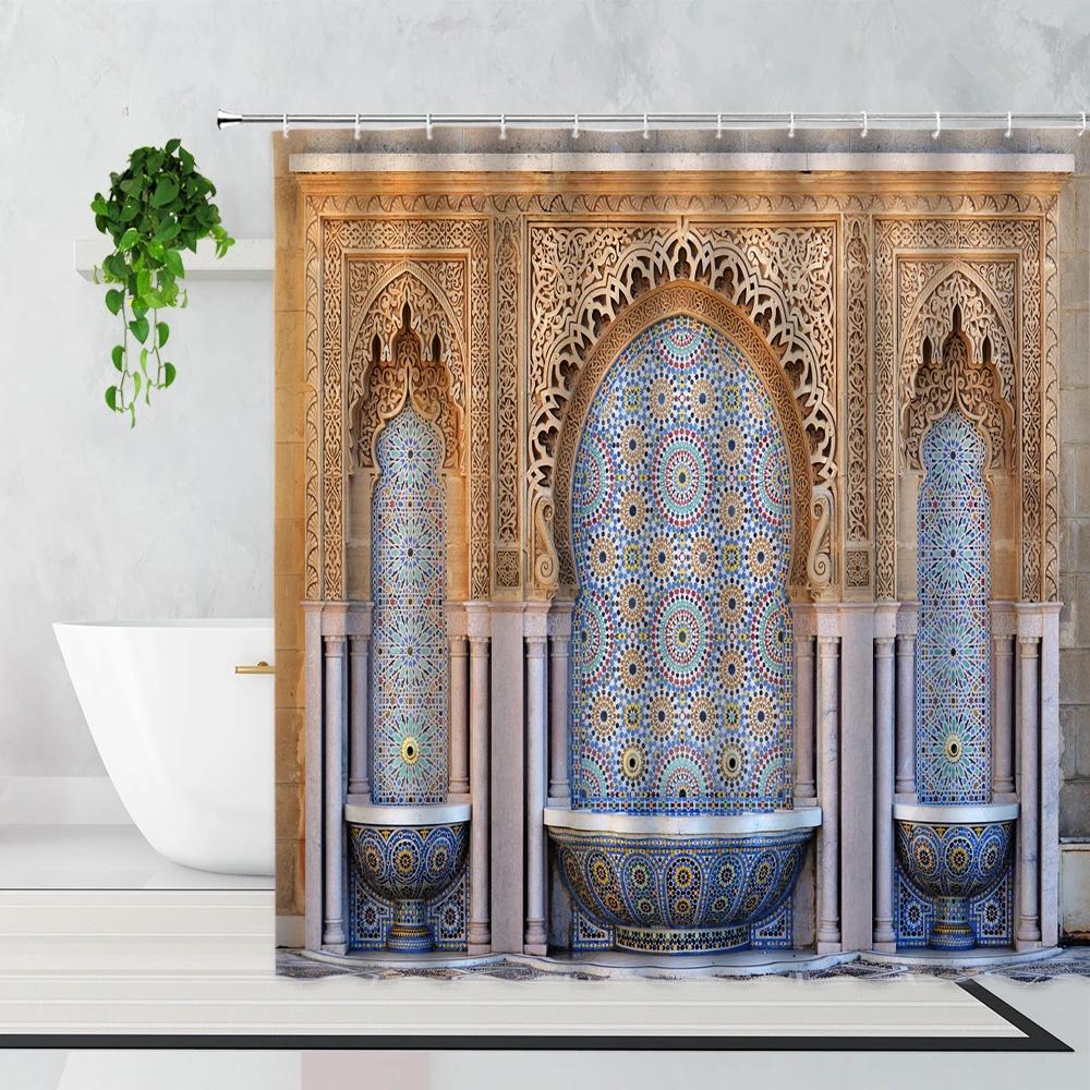 Tenda da Doccia Marocchina 3D Cancello Invecchiato Motivo Geometrico Design Porta d'Ingresso Ingresso Stile Orientale Architettonico Tende da Bagno