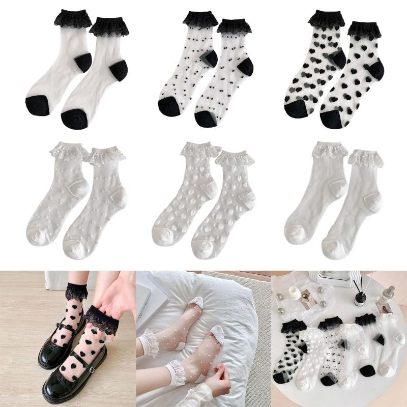 Damen Socken Japanische Lolitas Spitze Rüschen Verspielte Socken Niedliche Prinzessin Knöchelsocken Kristallglas Seide Transparent Socke