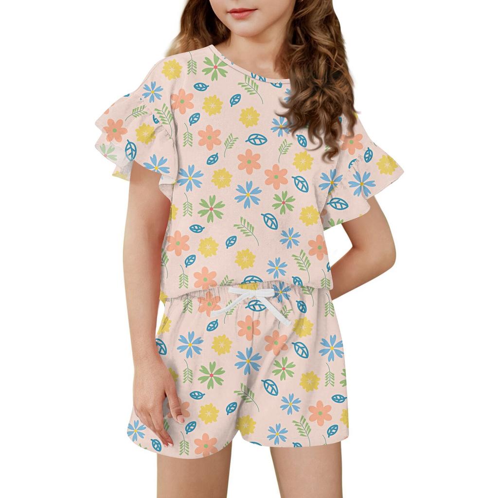 Girls' Summer Outfit Ruffle Sleeve Top And Shorts Clothing Set Lightweight Casual Two Piece