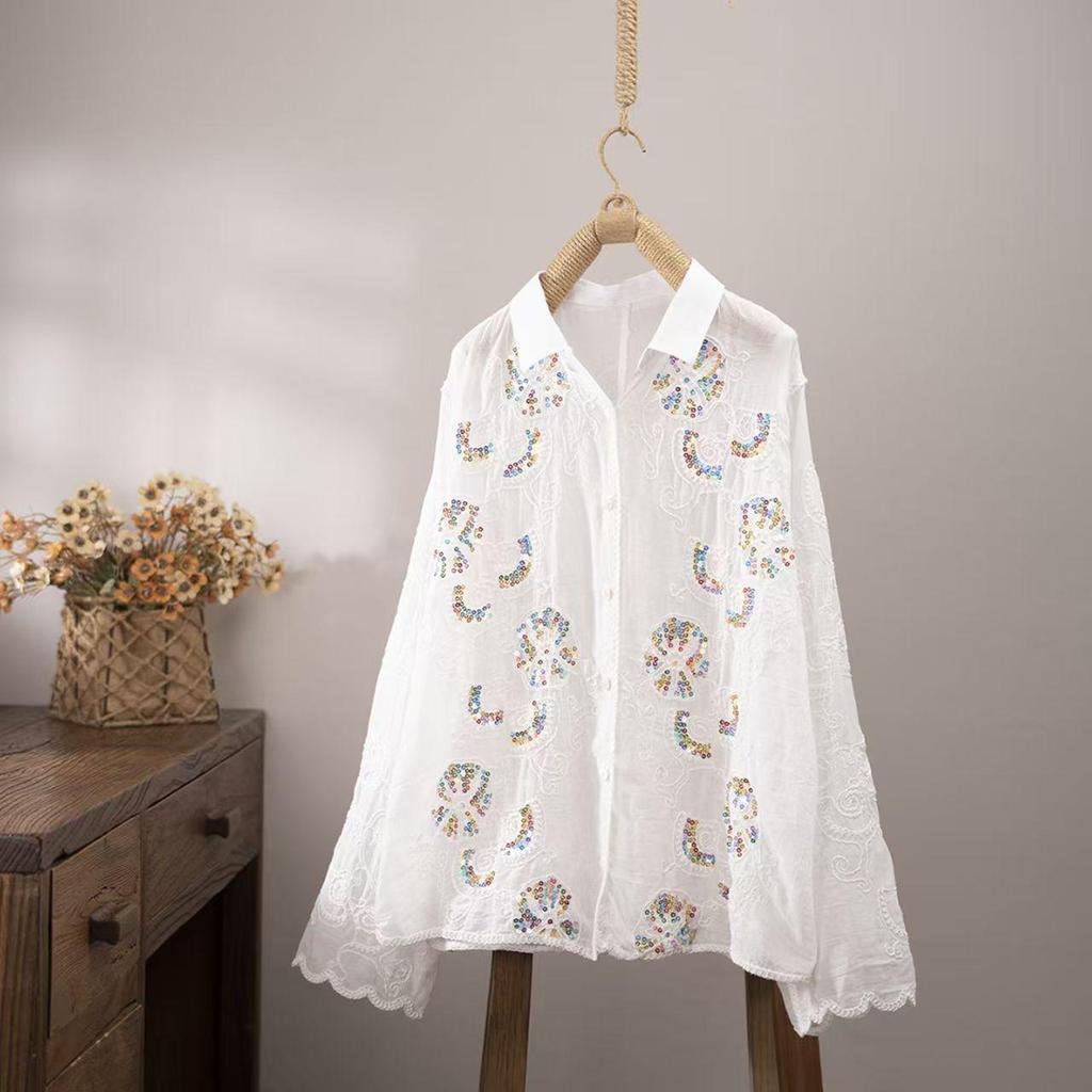 Haut Crochet Brodé Ethnique pour Femme - Polyvalent à Manches Longues avec Détails Floraux à Sequins