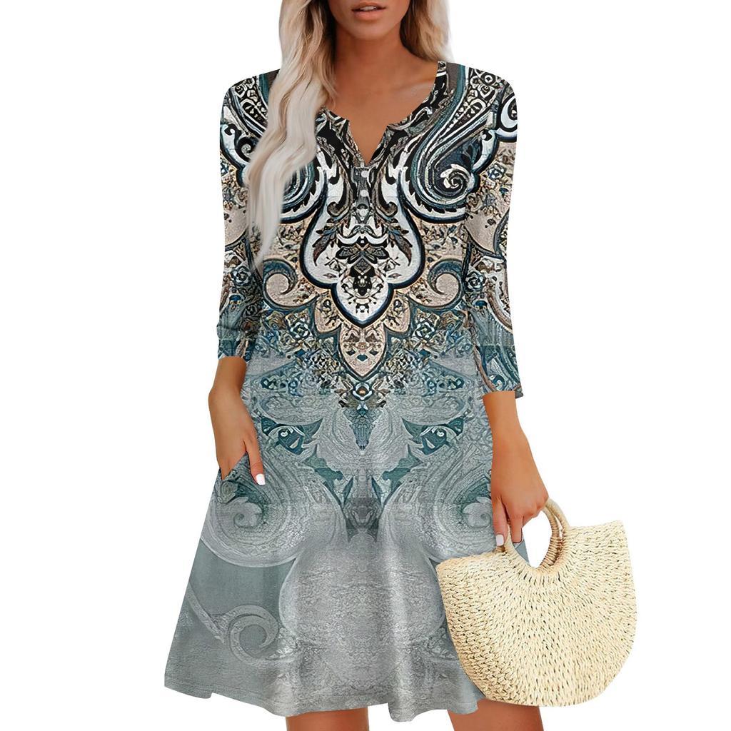 Women's Summer Dress Loose V Neck Three-quarter Sleeve Sundress With Pockets Dress