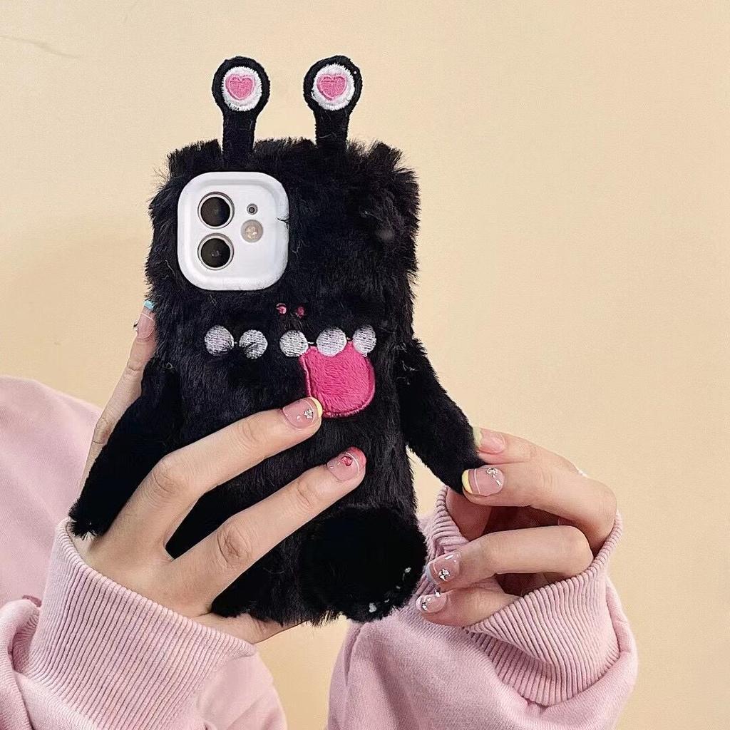 Ins Black Little Monster for Apple 16 Mobile Phone Case Plush for IPhone15promax Soft 14 Female 13 Funny X