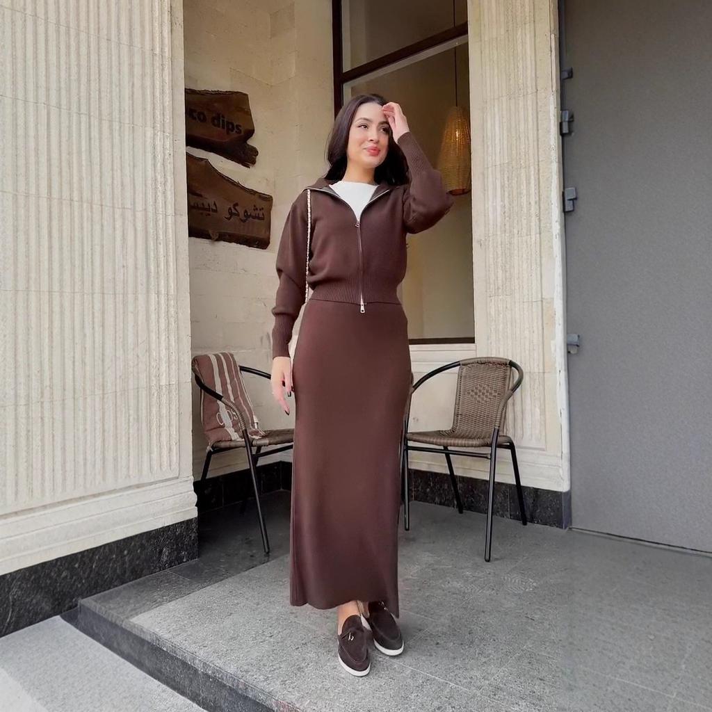  Cross-border European and American Autumn New Cardigan Temperament Long-sleeved Zipper Waist Knitted Hip Skirt Women's Clothing