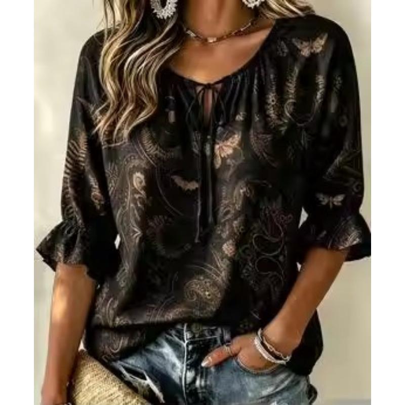 Women's Brown Lace Floral Print Tie Front Blouse, Casual Loose Top for Spring Summer Daily Wear