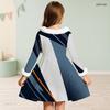 Girls Furry Trim Neck Long Sleeve Geometric Printed A Line Flared Dress With Waist Bow