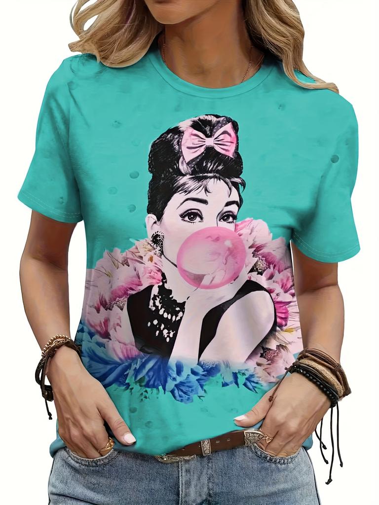 Graffiti Cartoon Art Painting Women's Round Neck T-Shirt Fashion Casual Full Printed T-Shirt Round Neck Short Sleeve Top