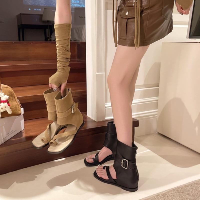 Fashion Cool Boots for Women Summer Suede Casual Ankle Boots Fashion Herringbone Toe Clip Toe Boot Retro Belt Buckle Open-toe Cool Boots