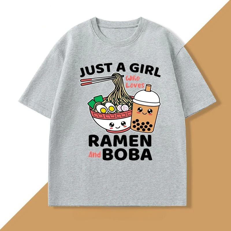 Just A Girl Who Loves RaUnisex and Boba Women Japanese Food Printed Funny Kawaii Noodles Clothes Harajuku Sleeve Aesthetic Clothes