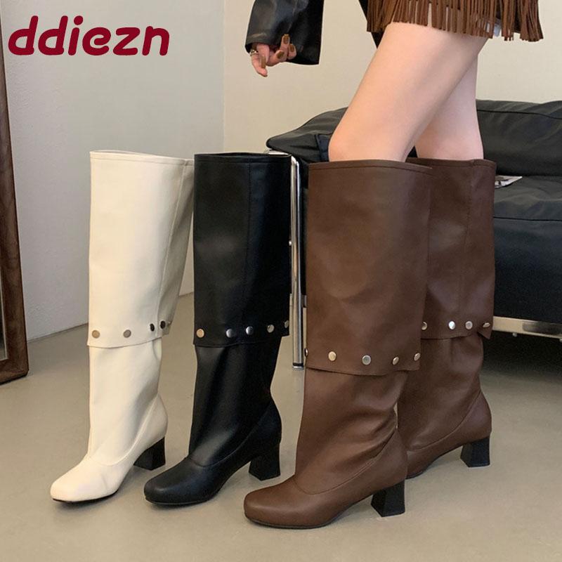 Fashion Female Square Heels Modern Ladies Knee High Boots Shoes Fashion Rivet Women Western Long Boots Pumps Shoes New Autumn Winter