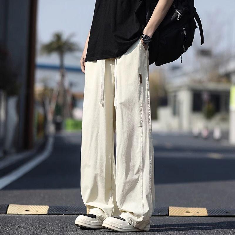 Men Drawstring Elastic Waist Wide Leg Loose Casual Straight Long Trousers