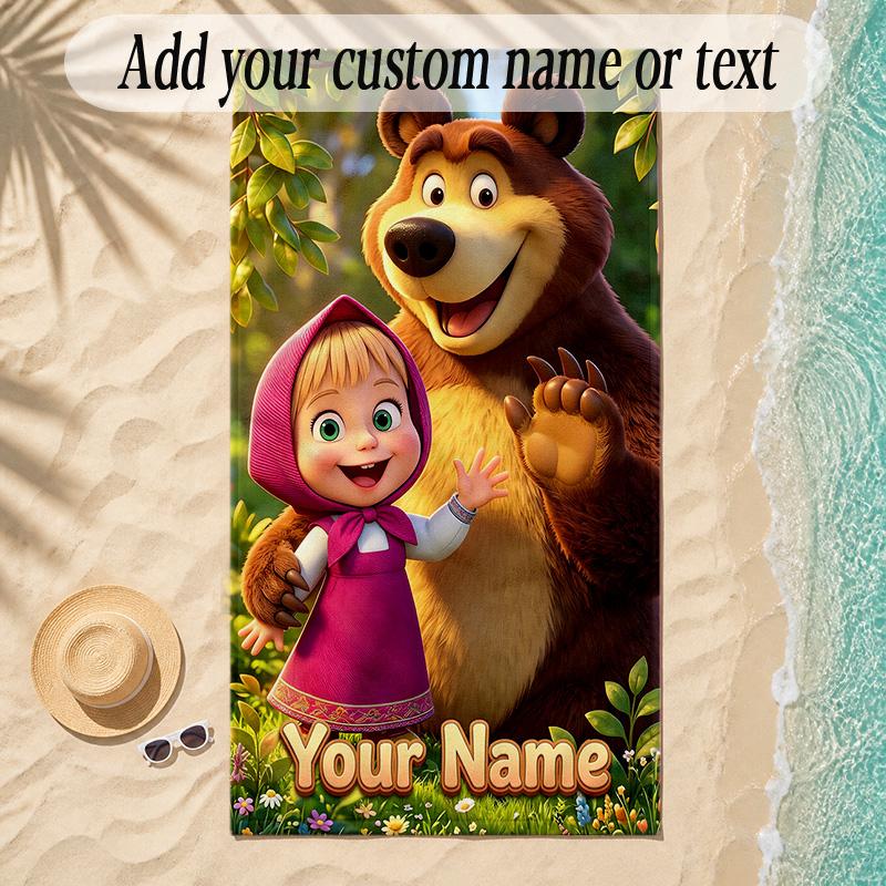 Beach TowelMasha and the Bear Custom Name Text Personalized Soft Towel for Beach Pool Indoor Home Decor Gift