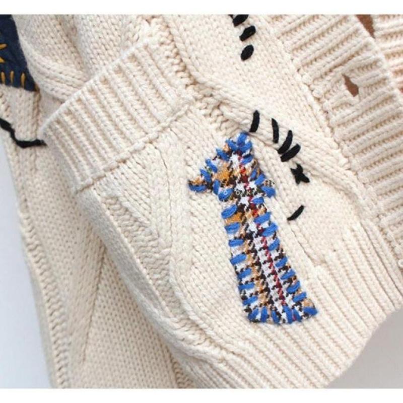 Women's Deep V-Neck Button Down Embroidery Wool Blend Sweater Coat Outwear Embroidered Lazy Style Loose Fit Knitwear with Letter Design