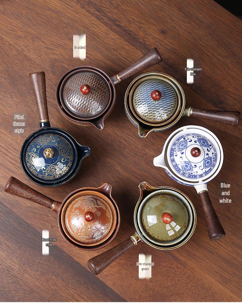 Portable Ceramic Kung Fu Tea Set with Bag – Includes One Pot, Four Cups, and Side Handle for Outdoor or Car Use