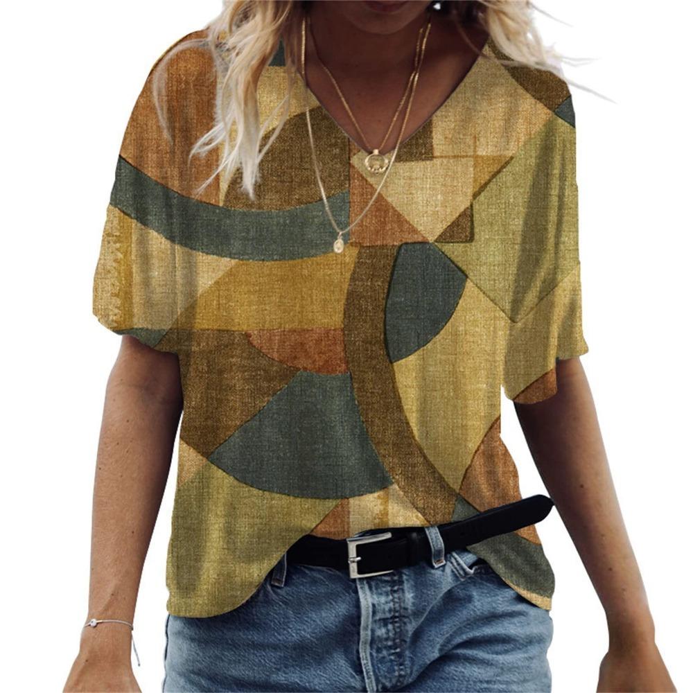 Fashion ladies V-neck elegant fashion short-sleeved T-shirt summer 3d printing top