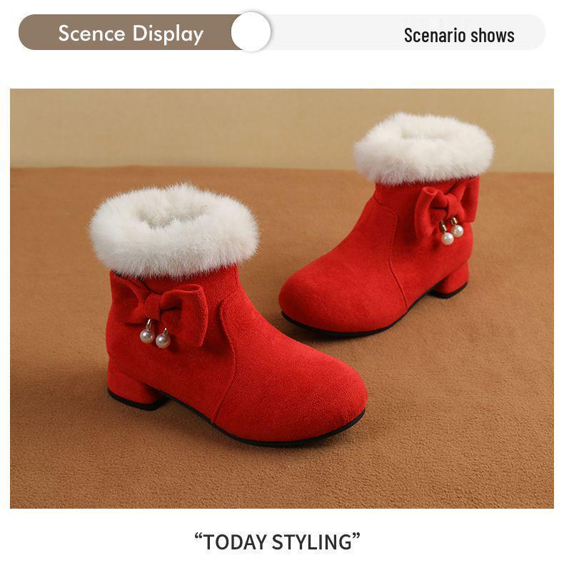 New Red and Black Girls' Cotton Princess Ankle Boots - Low Heel, Autumn/Winter