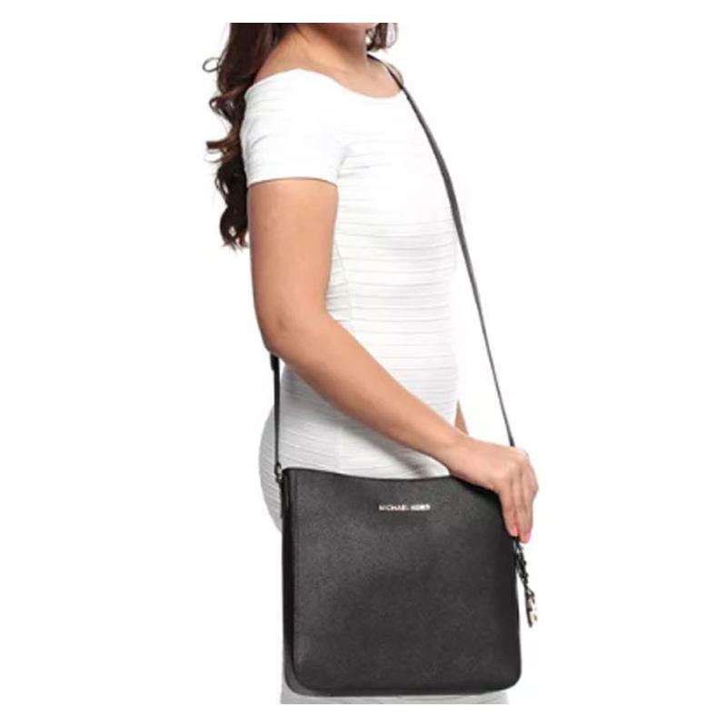 Michael Kors Jet Set Logo Pendant Silver Logo Zipper Leather Messenger Bag Shoulder Bag Women's Black